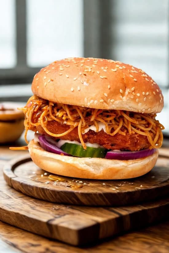 Aloo tikki noodle burger with sesame bun