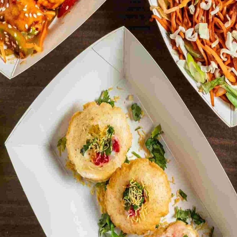 Dahi puri chaat with sev and chutneys