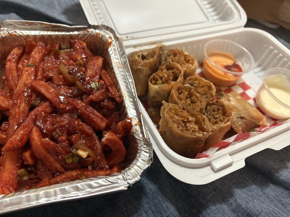 Honey chilli potatoes and noodle spring rolls